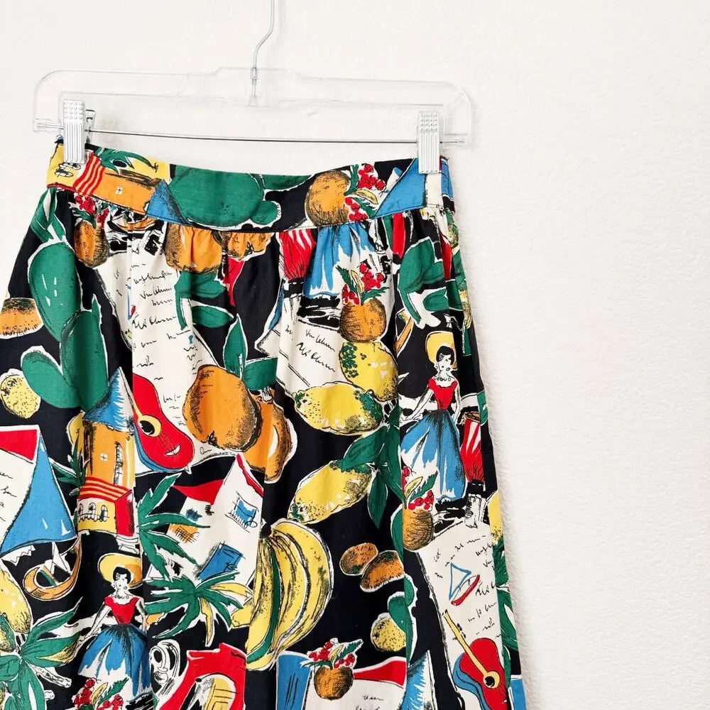 [J. Crew] Novelty Print Postcard Spain Fruit Button Front A-Line Midi Skirt Sz 0